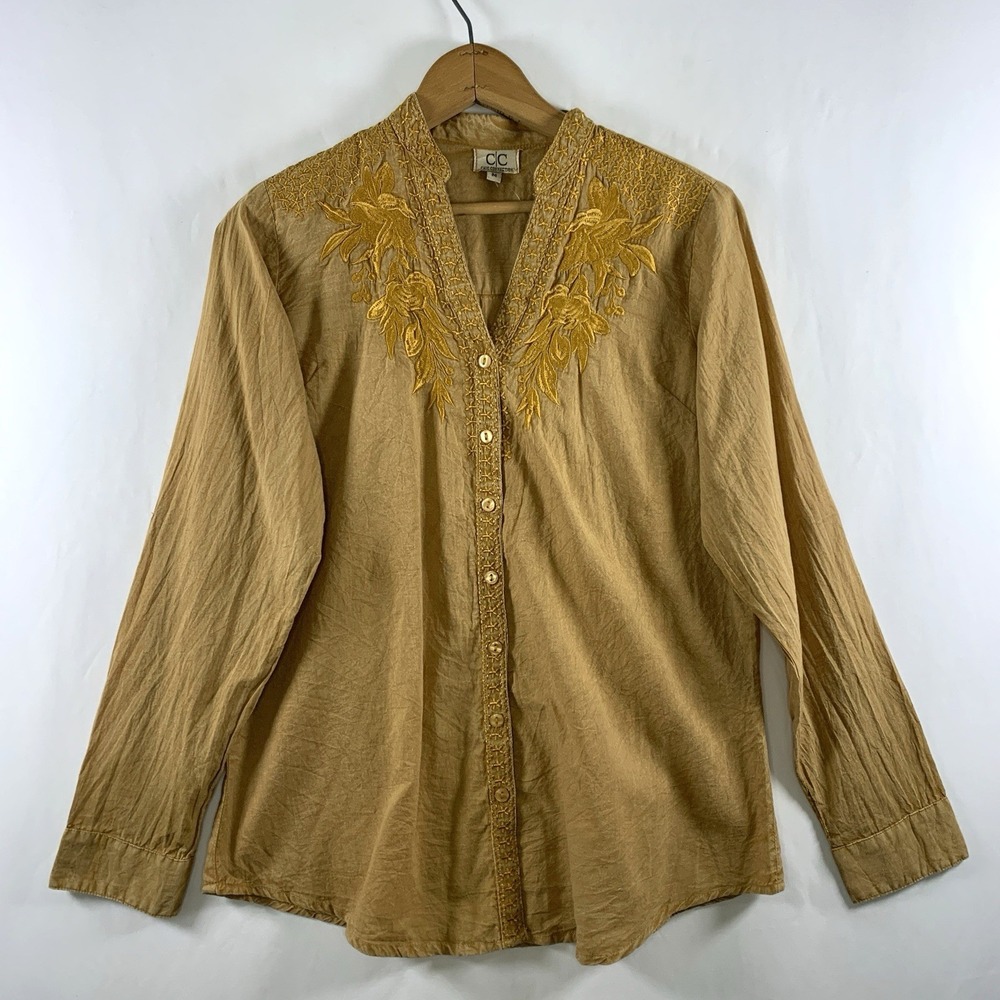 Womens 100% Cotton Embroidered Boho Chic Button Top Sz M Western Roll Tab Sleeve